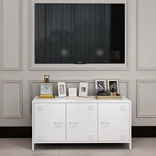 Miocasa 3 Door Metal Locker Tv Cabinet With Shelf Industrial Steel Storage Cabinet Tv Stand Entertainment Media Console Table For Living Room,Bedroom, Garage, Office (White) #TOP5