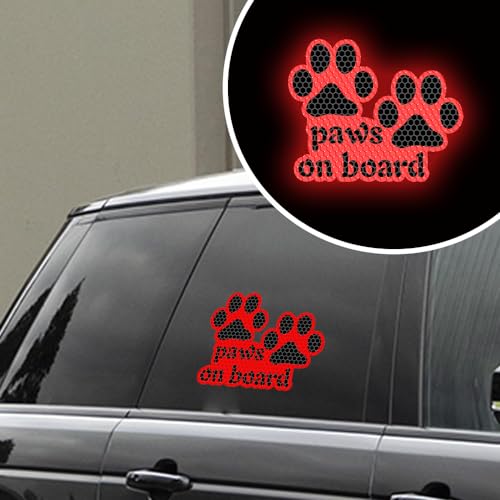 Image of 2pcs Reflective Paw Print Decal Dog Paws on Board Car Window Sticker Safety Warning Sign Stickers Funny Reflective Vinyl Stickers for Car Motorcycles Laptop (Red)