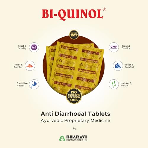 Image of BI-QUINOL Loose Motion Tablets | Anti Diarrhea Ayurvedic Medicine | Dysentery Support | Bharavi (6 strips with 20 tablets each)