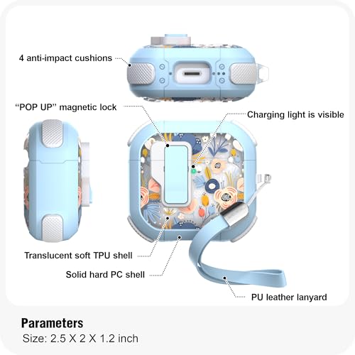 Image of WENEW Case for AirPods 4th Case Cover Secure Lock Automatic Snap Switch Clip Cleaner Kit Lanyard Women Stylish Flower Armour Hard Shell Full Body Front LED Visible (Blue, AirPods 4)