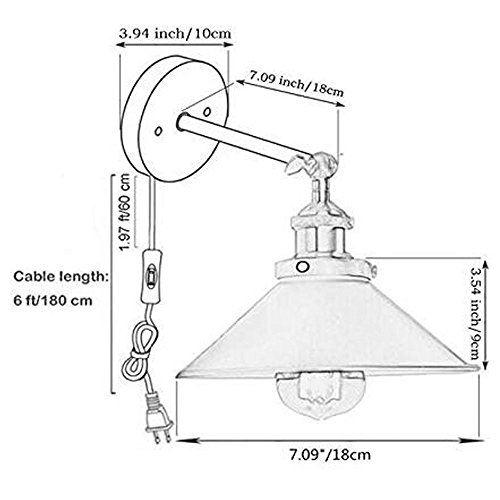 Kiven 1-Light Plug-In Dimmable Industrial Wall Sconce, Dark Bronze Finish, On/Off Rotary Switch In 6 Foot Clear Cord, Bulb Included #TOP2