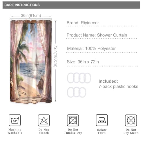 Image of Small Stall Beach Coastal Shower Curtain Pink Ocean Sunset Bathroom Decor | 36Wx72H Inch Single Narrow Bathroom Decor Fabric Polyester Waterproof 7 Pack Hooks