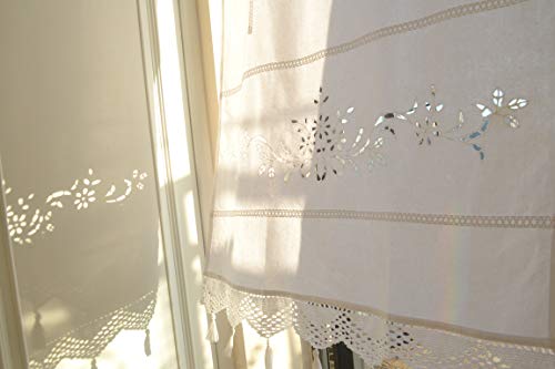 White Cafe Curtain, Embroidered Floral French Country Victorian Lace Kitchen Curtain, Cotton Window Curtain Panels With Tassel, 27 X 59 Inches, 1-Panel #TOP4