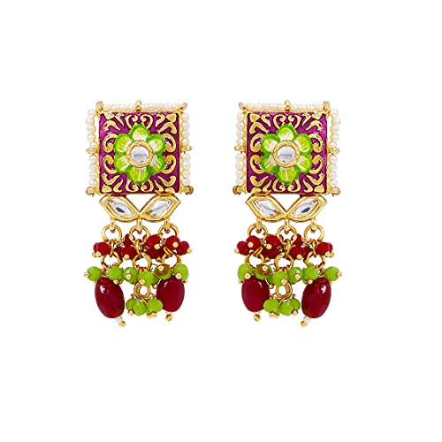 Image of Yellow Chimes Ethnic Gold Plated Studded Kundan Beads Flower Design Jewellery Set Multicolour Meenakari Choker Necklace Set for Women and Girls