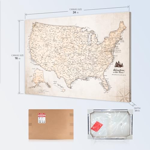 Image of IPIC - Vintage USA Map Pin Board Canvas Wall Art, Travel Map with Pins Included, Ready to Hang for Home or Office 24x16 Inch