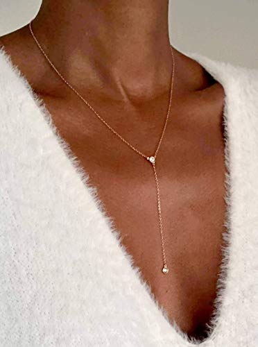 Dainty Drop Lariat Necklace For Women, 16" To 18" Adjustable Length (Rose Gold, Double Cz Lariat) #TOP1