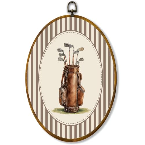 Golf Bag Wall Art, Rustic Oval Framed Canvas Print