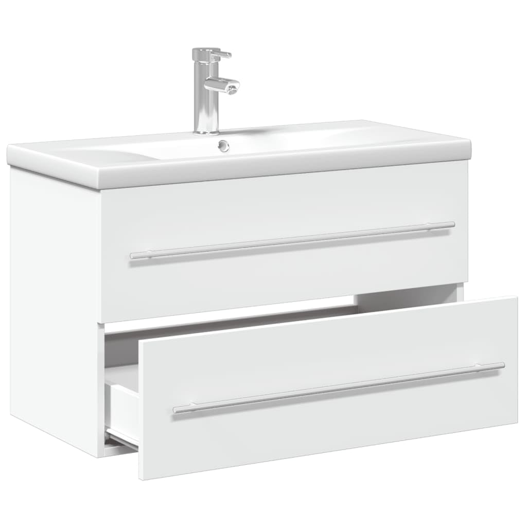 Mueble bajo lavabo empotrado blanco de 80 cm, juego de muebles de baño de pared, lavabo moderno de madera con lavabo de cerámica, grifo y desagüe incluidos