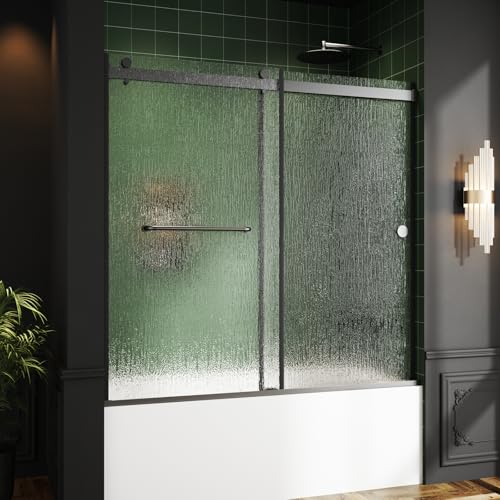 Image of Bathtub Sliding Door 60 inch W x 56 inch H, Tub Shower Door, Frameless Bypass Double Sliding Door Tempered Rain Glass with Explosion-Proof Film Stainless Steel Black