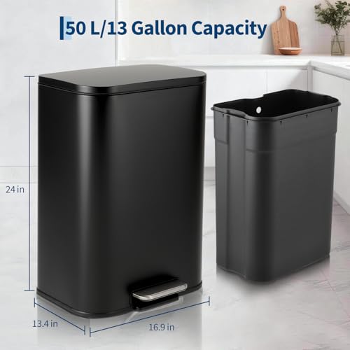 Garvee 13.2 Gallon Trash Can for Kitchen, Stainless Steel Step Trash Can with Soft-Close Lid & Removable Inner Bucket, Rectangular Garbage Can for Office Bathroom Living Room, Black by Garvee - Image 6