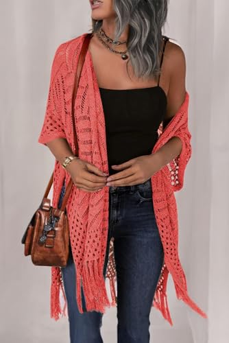 Image of HOTOUCH Womens Knit Cardigan Open Front Outwear Hollow Out Crochet Tassel Lightweight Kimonos Sweater S-XXL