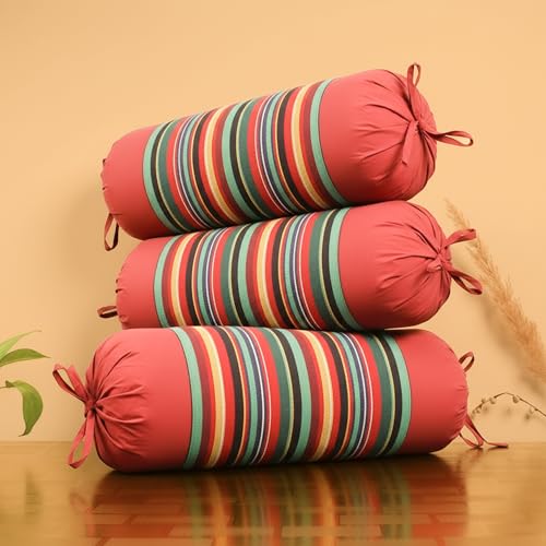 Image of SAJAVAT HOME Ruby Red Cotton Stripe Bolster Cover Set of 3 | 15x30 Inches Machine Woven Side Pillow Covers with Tie Closure for Sofa, Couch & Diwan