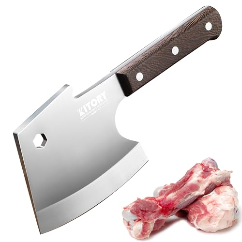 Kitory Meat Cleaver, Heavy Duty Bone Chopper Cleaver Knife, Full -Tang Axes Shape Super thick Blade, Bone Breaker, Butcher’s Kitchen Knife for Meat Cutting, Black Wenge Wood Handle -2025 Gif