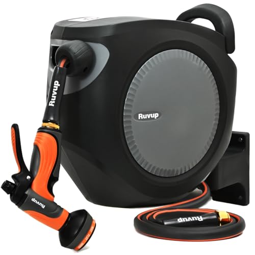 Ruvup Retractable Garden Hose Reel, 1/2in x 50ft Water Hose Reel with 10 Style Nozzle, UV Resistant Automatic Gardening Hose Reel Wall Mount for Outside, Slow Retraction Any Length Lock 180° Swivel