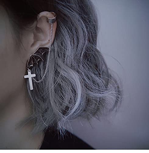Andpai Retro Vintage Punk Earring Dragon Snake Bat Crow Wing Ear Climber Earrings Antique Silver Chain Cross Gothic Ear Cuff Clip Wrap For Women Men Unisex (Vintage Silver) #TOP6