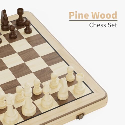 Image of 15 Inch Magnetic Wooden Chess Set, Pine Wood Folding Chessboard with Brown Dual-Sided Storage Trays, 2 Extra Queens & Dust-Proof Bag, Portable Travel Board Game(Natural)