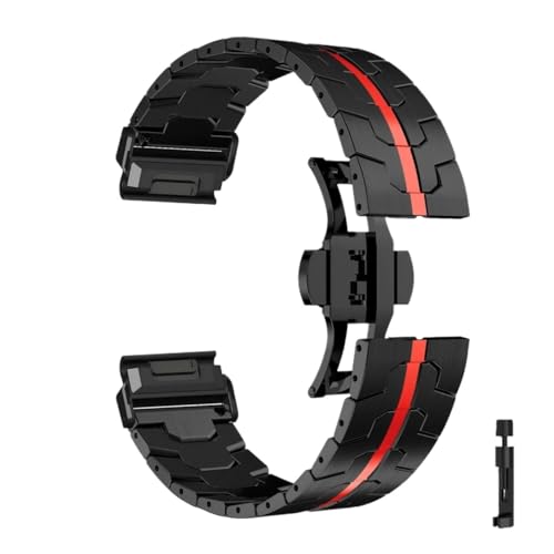 SRMVRNKNNK Fit For Garmin�E�H�b�`�ɓK�� Fit For Fenix 5/5X/5XPlus/6/6X/6XPro/7x�ɓK�� �`�^���J���[�X�e�����X�X�`�[���o���h(Black red,26mm)