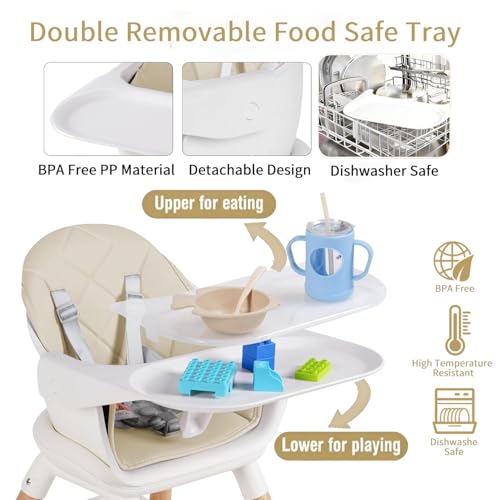 Image of 6 in 1 Baby High Chair, Convertible Wooden High Chairs, Beige | Booster Seat for Babies and Toddlers, Baby Feeding Chair with 5-Point Harness, Double Removable Tray & Adjustable Footrest