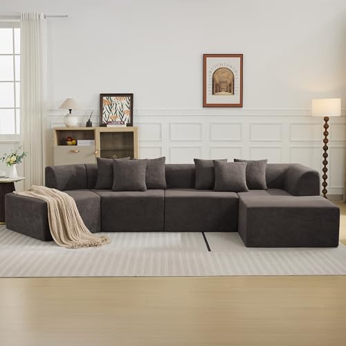 140''Oversized Cloud Velvet Curved Sectional Couch, Boneless Couch with L-Shape Chaise, Upholstered Compression Memory Foam Modular Sectional Sofa for Living Room, No Assembly Required, Brown