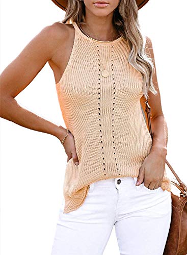 Uusollecy Tank Top Damen Sommer Neckholder Ärmellose Stricktop, Racerback Rundhals Basic Stricken Sommertop Oberteile, Apricot XL