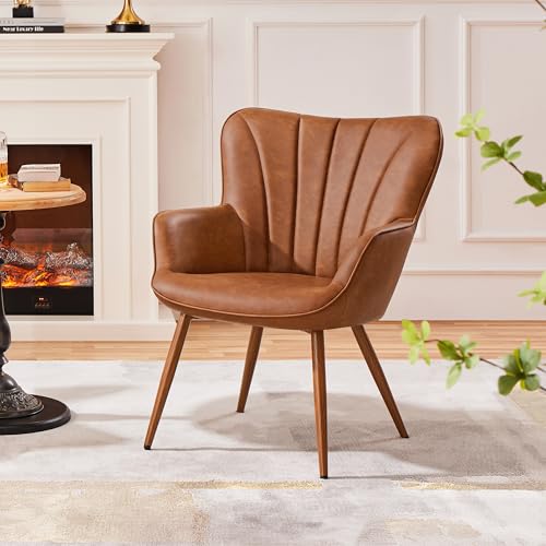 Yaheetech PU Leather Armchair, Modern Accent Chair with Metal Legs, Comfy Upholstered Barrel Chair for Living Room Bedroom Vanity Room, Brown - Image 5