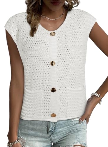Image of EVALESS Casual Cropped Crochet Cardigan Sweaters for Women Trendy Summer V Neck Sleeveless Sweater Vest Button Up Cardigans