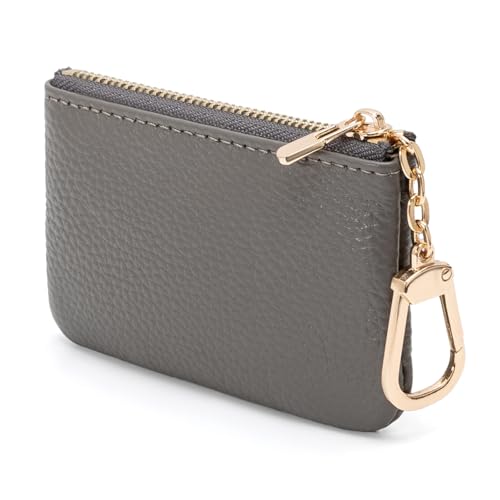 Image of Full Grain Leather Coin Purse with Key Chain - Small Change Purse Keychain Card Holder Keychain Pouch Small Keychain Wallet for Women and Men (Gray)