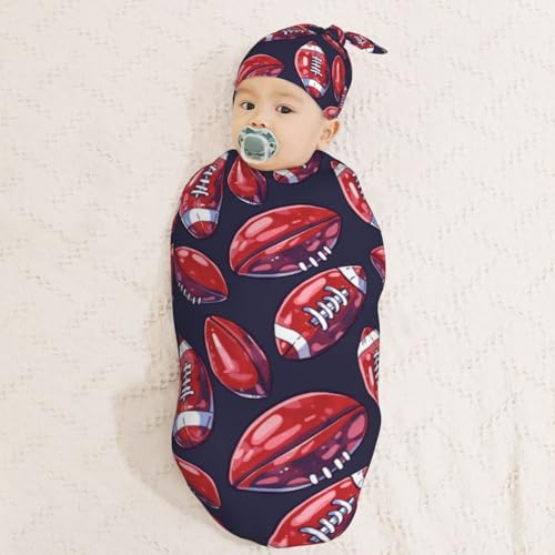 Image of American Cartoon Football Newborn Swaddle Blankets Hat Sets Soft Baby Receiving Blanket Swaddle Sack for Baby Shower Infant Boy Girl Gift
