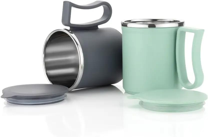 Image of Insulated Coffee Mugs with Lids - Pack of 2 - Inside Stainless Steel & Outside Durable Plastic Material - Multicolor Travel Tea /Coffee Cups