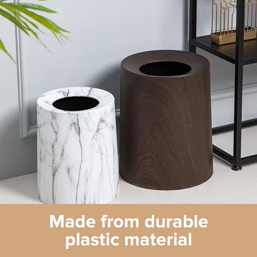 Image of Spill Proof Kids Pet Friendly Garbage Can - Dark Walnut Wood Color Trash Bin - Top Indoor Outdoor Office Bedroom Bathroom - 3.2Gal - Patio Bar Loft Den - Round Designer Waste Basket - 10inx10inx12in