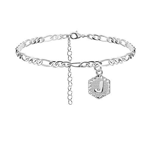 J Initial Anklet Silver Ankle Bracelets for Women Figaro Chain Letter Anklet with Initials Cute Summer Initial Anklets for Women Girls
