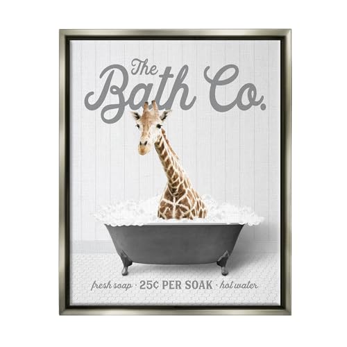 Image of Giraffe Bubble Bath Bathroom Humor, 24 x 30 Inch Canvas in Floater Frame | Stupell Industries . By Lettered and Lined . Ready to hang once unboxed . Fun gift for bathroom decor . Made in USA