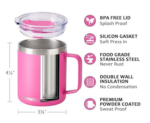 Image of SUNWILL Insulated Coffee Mug with Lid, Travel Tumbler with Handle, 14 oz Stainless Steel Cup for Home, Office, Camping, Powder Coated Magenta