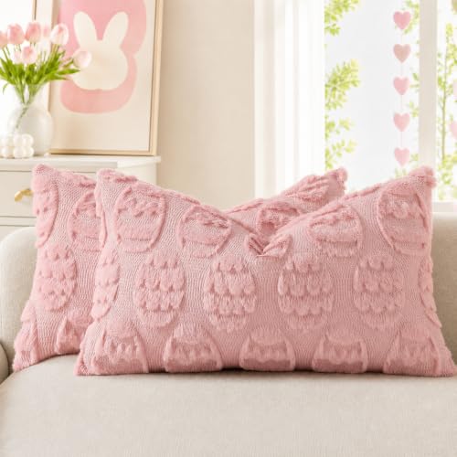 Image of decorUhome Pink Faux Fur Egg Throw Pillow Covers 12x20 Set of 2 | Plush Soft Wool Jacquard Pink Cushion Covers, Modern Farmhouse Neutral Easter Holiday Decor Pillow Covers for Couch Sofa Bed