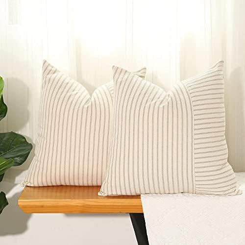 Airbin Linen Farmhouse Striped Throw Pillow Covers 20 x 20 Inch Square, Pack of 2 Decorative Pillow Cases for Sofa Couch Chair Patio Bedroom Modern Decor Indoor Outdoor (Khaki)