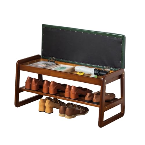 latifolia Solid Wood Bench, Entryway Shoe Bench with Cushion, Flip-Open Storage Compartment, 2-Tier Shoe Organizer(Green,31.50”L)