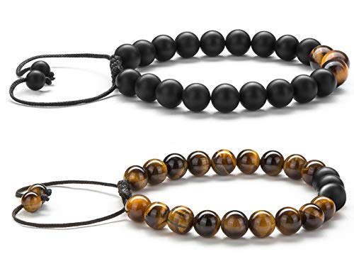 image for Hamoery Men Women 8mm Tiger Eye Stone Beads Bracelet Braided Rope Natu