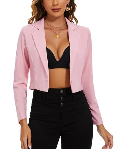 MINTLIMIT Cropped Blazers for Women Business Casual Long Sleeve Lapel Button Blazer Jackets Lightweight Fitted Notched Lapel Jacket Suit(Pink,XL)3