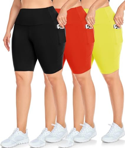 NEW YOUNG 3 Pack Plus Size Biker Shorts with Pockets for Women-High Waisted 8" Yoga Pants Workout Shorts