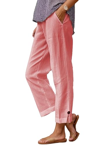 Summer Linen Pant Women Loose High Waist Wide Leg Capri Pant Casual Flowy Vacation Beach Straight Trouser with Pocket