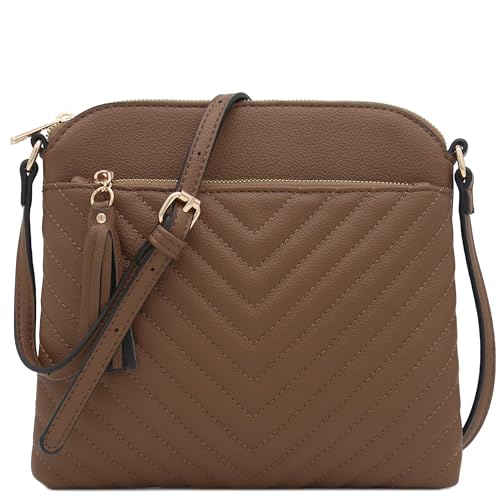 FashionPuzzle Chevron Quilted Medium Crossbody Bag with Tassel Accent (Stone)