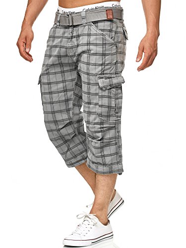 Indicode Herren Nicolas Check 3/4 Cargo-Shorts inkl. Gürtel | Herrenshorts aus Baumwolle Lt Grey Check L