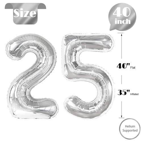 Image of Silver Number 25 Balloon 40 inch, 25 Number Balloons, 25th Silver Birthday Decorations, 25 Year Old Women Men Silver Party Supplies