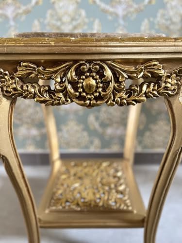 Goldener Quadratischer Beistelltisch im Französischen Barock Rokoko Stil, Handgefertigter Beistelltisch aus Holz mit Kamelfarbener Marmorplatte, Goldener Couchtisch, Teetisch als Wohndekoration – Bild 8