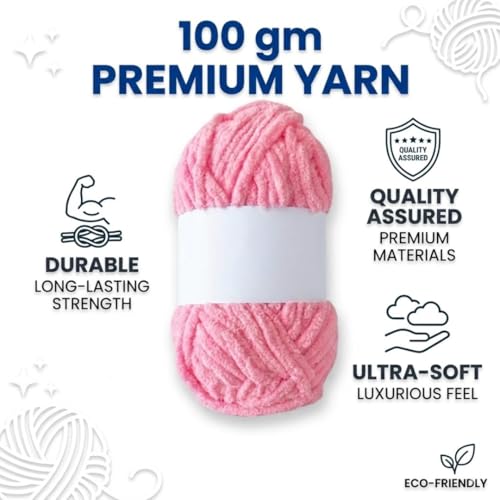 Image of Soft Chenille Yarn 100 gm Soft Velvet Wool Oon for Crochet Knitting DIY Craft Multipurpose Yarn Ball for Blanket Scarf Cushion Making (Purple) (Pink)