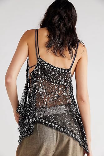 Women Y2K Sequin Mesh Tank Top Glitter Floral Embroidered Cami Crop Top Sleeveless Backless Rhinestone Camisole3