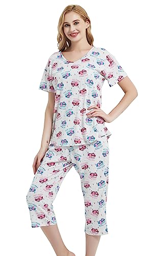Image of CHUNG Women Cotton Pajama Sets Sleepwear pjs Short Sleeve Shirt Capri Length Crop Pants Cute Vivid Print