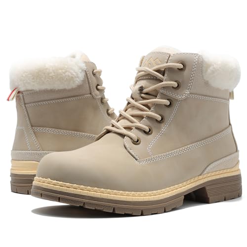 Image of COTTIMO Snow Hiking Winter Boots for Women - Casual Brown Combat Work Boot - Non-slip Fur-Lined Ankle Boots - Fashion Boots Waterproof Leather Shoes