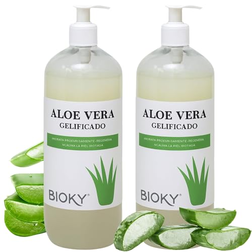 Bioky Gel Aloe Vera 100% Natural 2x1L – Puro, Orgánico, Hidratante y Calmante – Piel Hidratada e Iluminada | Natural y Versátil: Aftersun, Piel, Cabello, Post Depilación, After Shave (2 Litros)