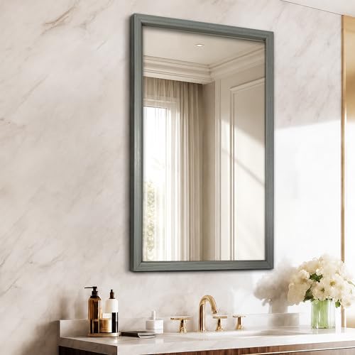 Image of Rousrie Premium Framed Glass Wall Mount Mirror, Decorative, for Bathroom, Bedroom, Living Room and Entryway, Wash Basin (14 by 20 Inch) (Greyish)